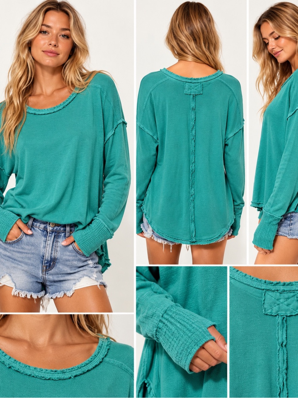 Free People We The Free Teal Raw Hem Thermal Top Small Boho Oversized